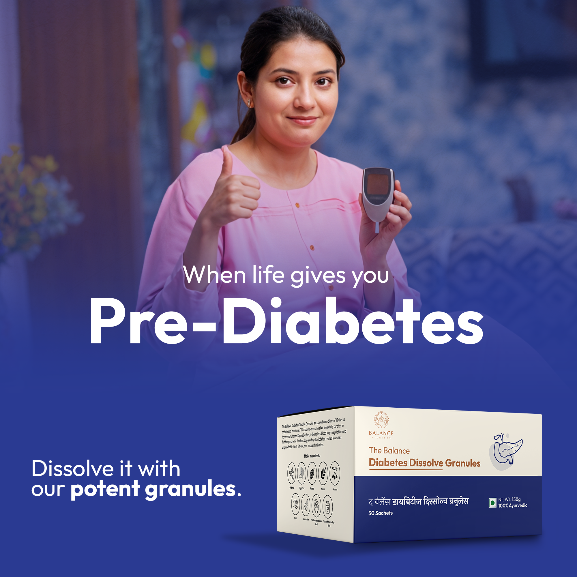 Diabetes Dissolve Granules Prediabetes Prediabetics Prevention, Lower Blood Sugar, Blood Glucose, Insulin Sensitivity, with Jamun, Karela, Ayurvedic PreDiabetes Medicine